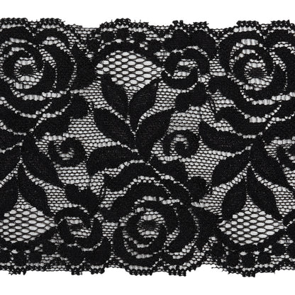 Stretch Lace Trim - 3.5" - Black Roses and Leaves with Scalloped Edges