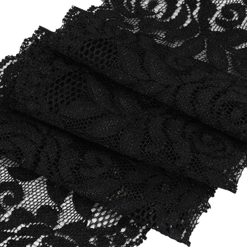 Stretch Lace Trim - 3.5" - Black Roses and Leaves with Scalloped Edges