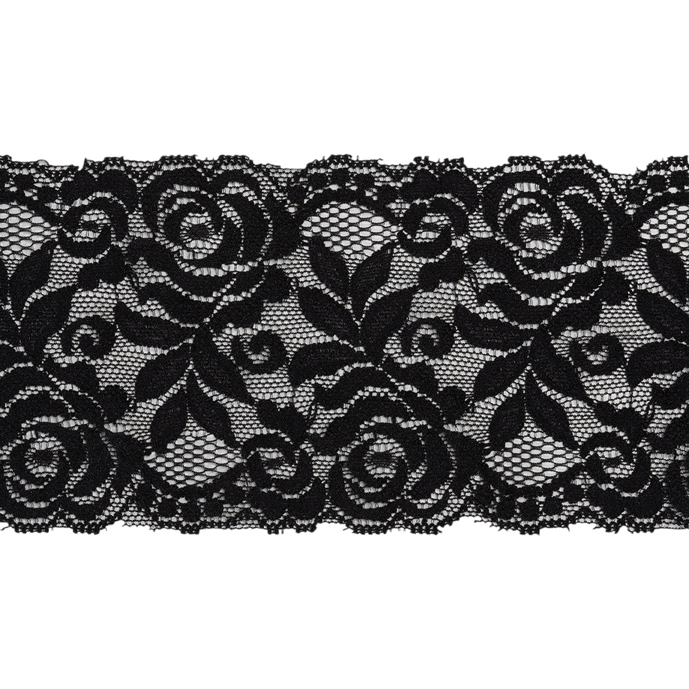 Stretch Lace Trim - 3.5" - Black Roses and Leaves with Scalloped Edges