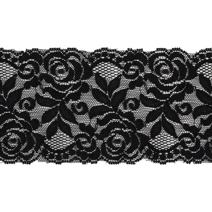 Stretch Lace Trim - 3.5" - Black Roses and Leaves with Scalloped Edges