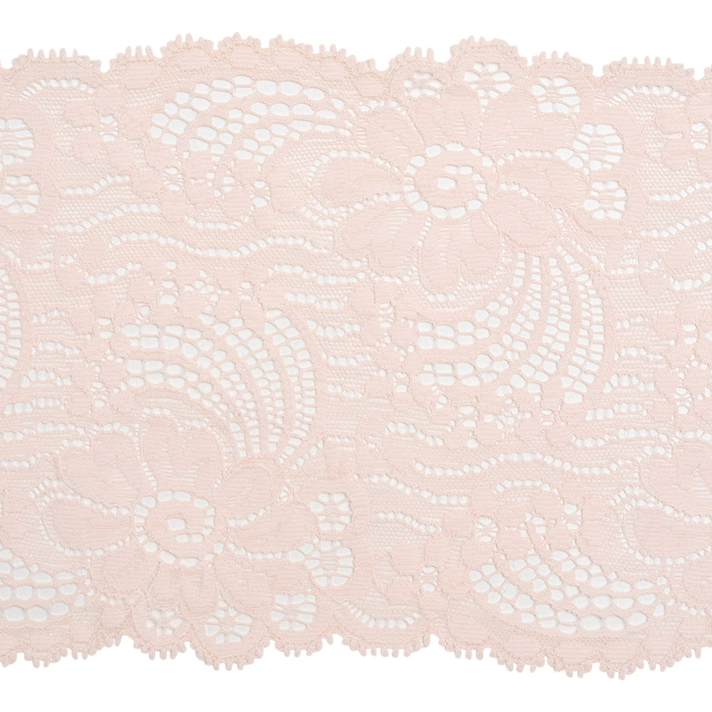 Stretch Lace Trim - 4.875" - Pale Pink Dancing Flowers with Scalloped Edges - Folded