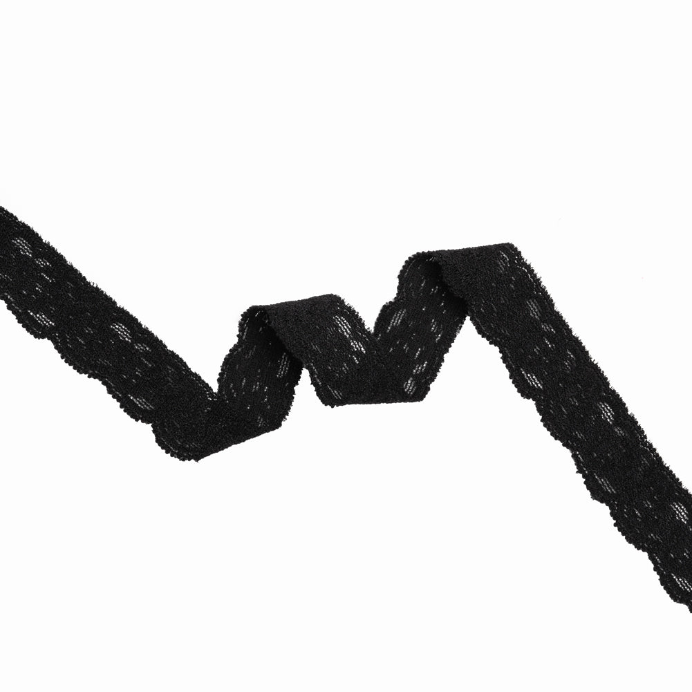 Stretch Lace Trim - 0.875" - Black Little Roses with Scalloped Edges