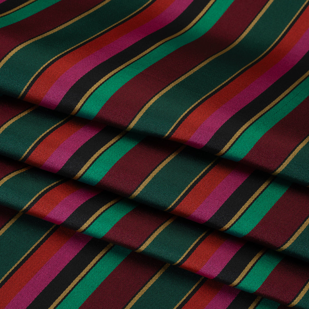 Satin-Faced Viscose and Acetate Woven - Black, Red and Green Barcode Stripes - Designer Deadstock Made in Italy - Folded