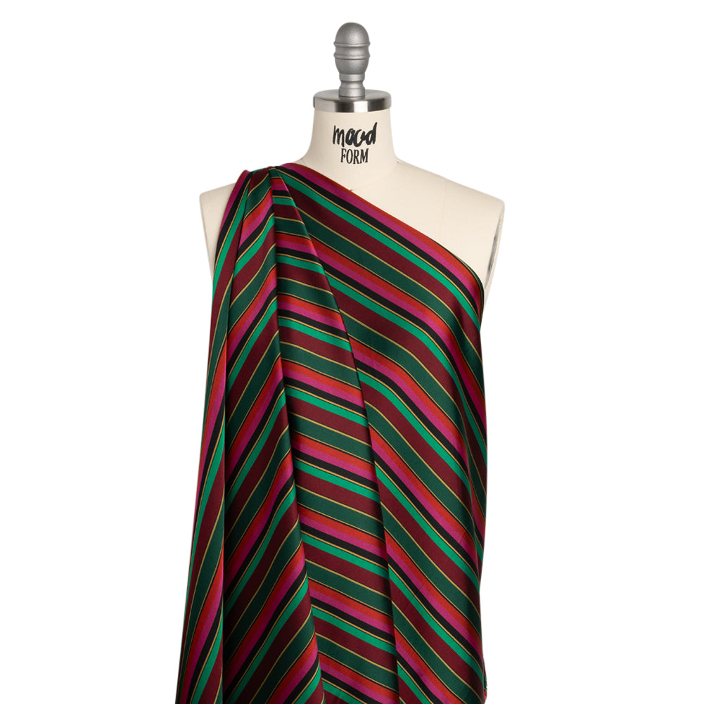Satin-Faced Viscose and Acetate Woven - Black, Red and Green Barcode Stripes - Designer Deadstock Made in Italy - Drape