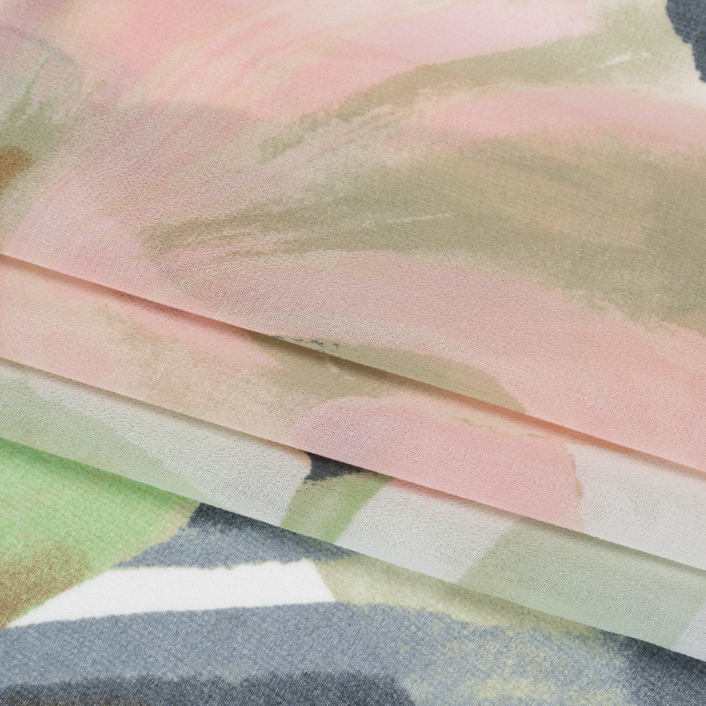Polyester Georgette - Baby Pink, Lime Green and Navy Blue Painterly Flowers - Designer Deadstock - Folded