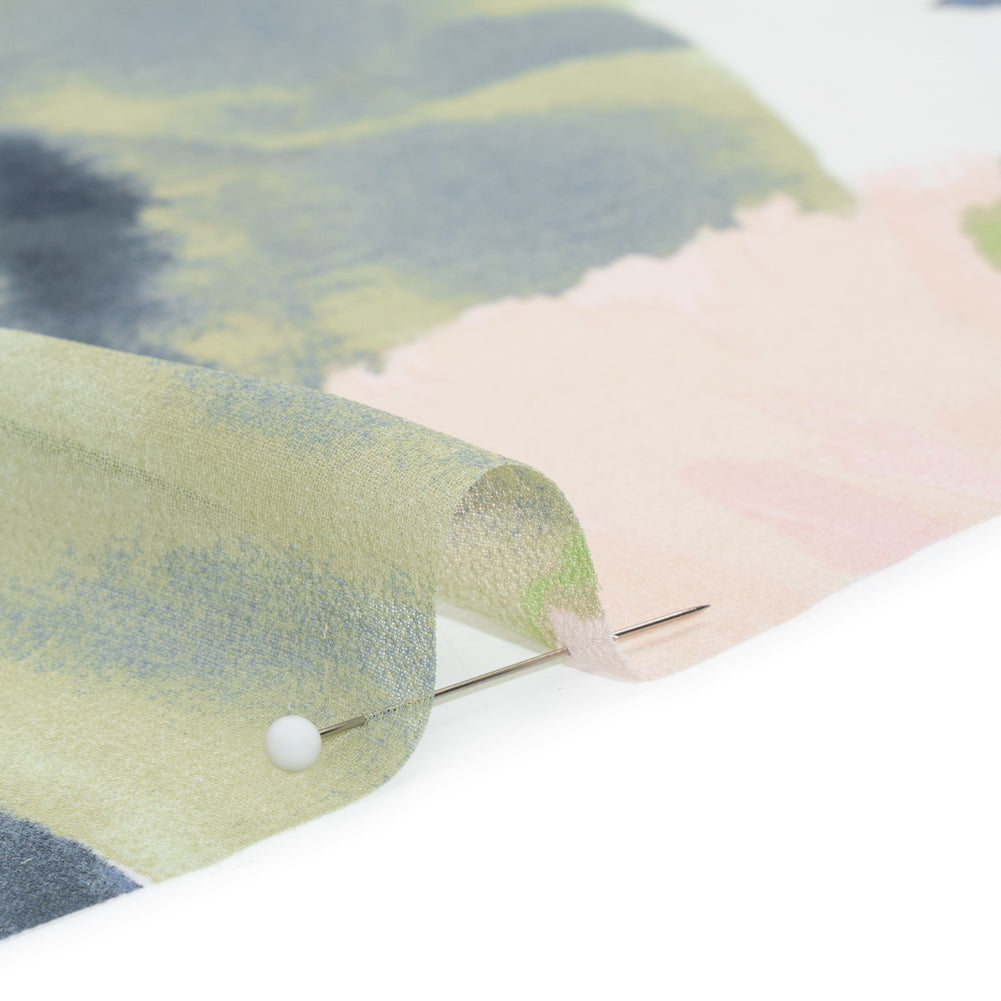 Polyester Georgette - Baby Pink, Lime Green and Navy Blue Painterly Flowers - Designer Deadstock - Detail