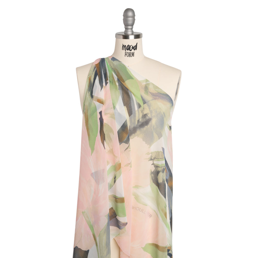 Polyester Georgette - Baby Pink, Lime Green and Navy Blue Painterly Flowers - Designer Deadstock - Drape