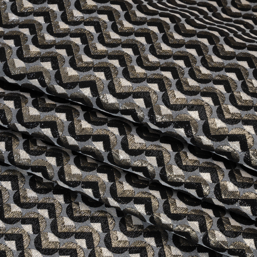 Metallic Stretch Brocade - Gray, Black and White Chevron Circles - Designer Deadstock Made in Italy