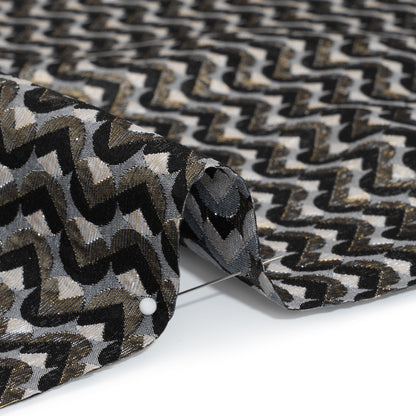 Metallic Stretch Brocade - Gray, Black and White Chevron Circles - Designer Deadstock Made in Italy