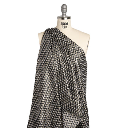 Metallic Stretch Brocade - Gray, Black and White Chevron Circles - Designer Deadstock Made in Italy