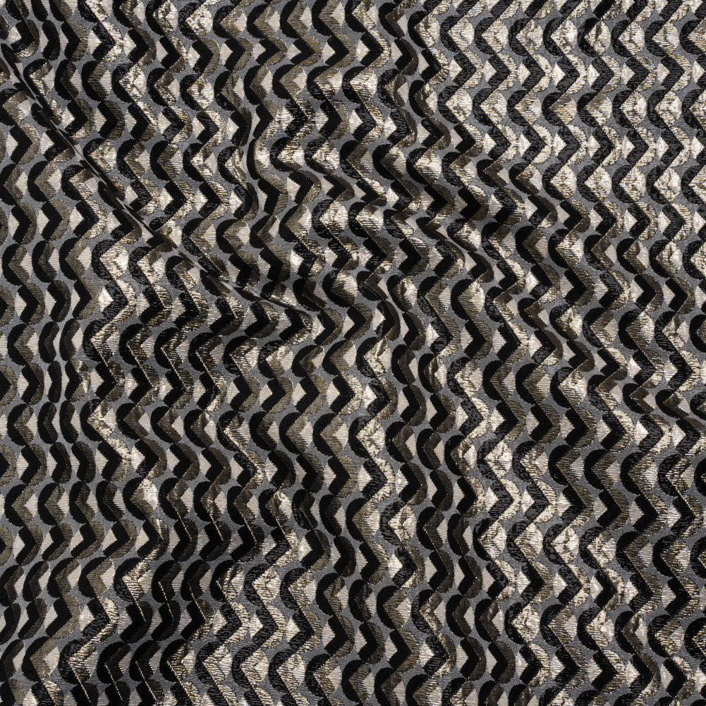 Metallic Stretch Brocade - Gray, Black and White Chevron Circles - Designer Deadstock Made in Italy