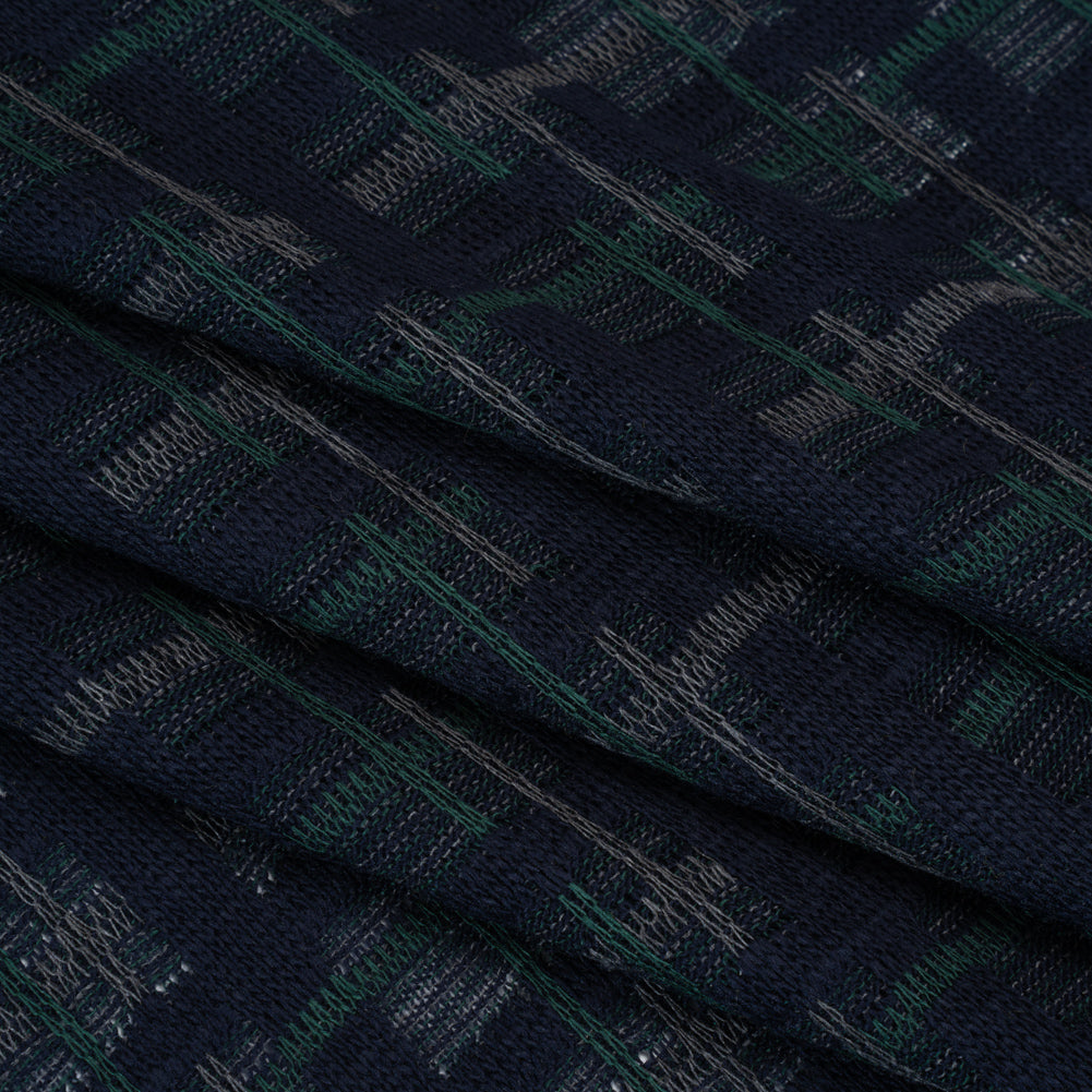 Acrylic Sweater Knit - Navy Blue, Dark Green and Gray Plaid - Designer Deadstock - Folded