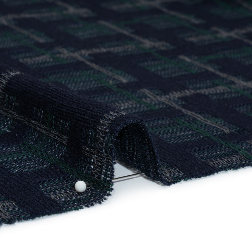 Acrylic Sweater Knit - Navy Blue, Dark Green and Gray Plaid - Designer Deadstock - Detail