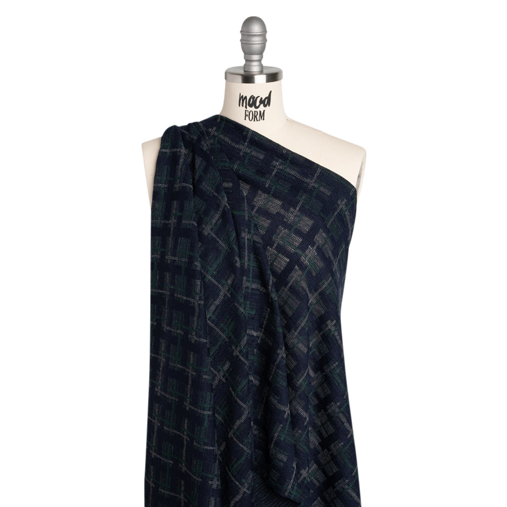 Acrylic Sweater Knit - Navy Blue, Dark Green and Gray Plaid - Designer Deadstock - Drape