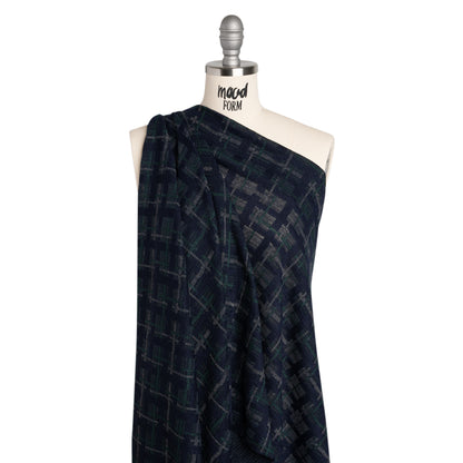 Acrylic Sweater Knit - Navy Blue, Dark Green and Gray Plaid - Designer Deadstock
