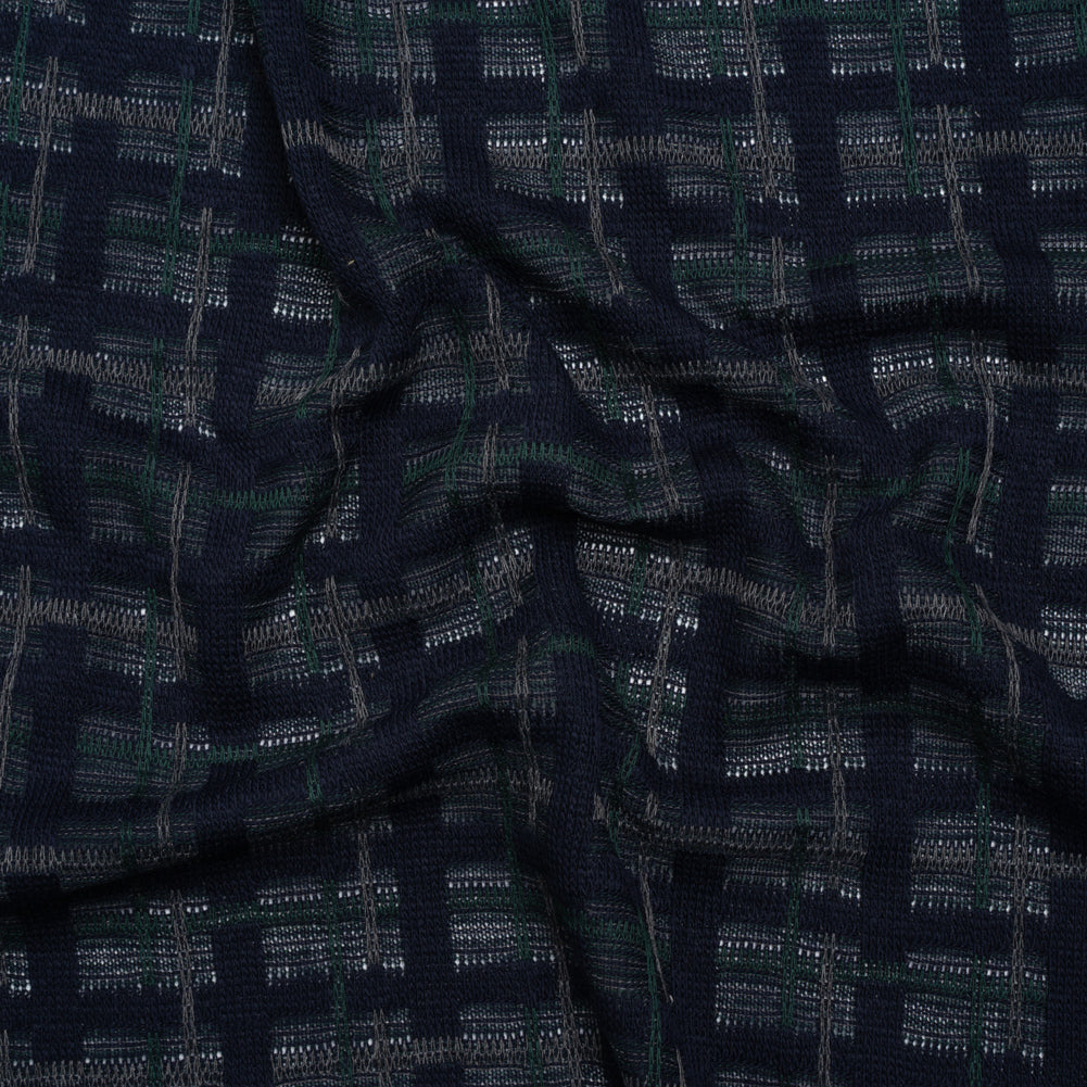 Acrylic Sweater Knit - Navy Blue, Dark Green and Gray Plaid - Designer Deadstock