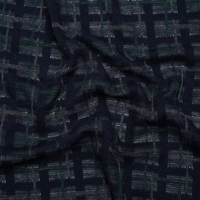 Acrylic Sweater Knit - Navy Blue, Dark Green and Gray Plaid - Designer Deadstock