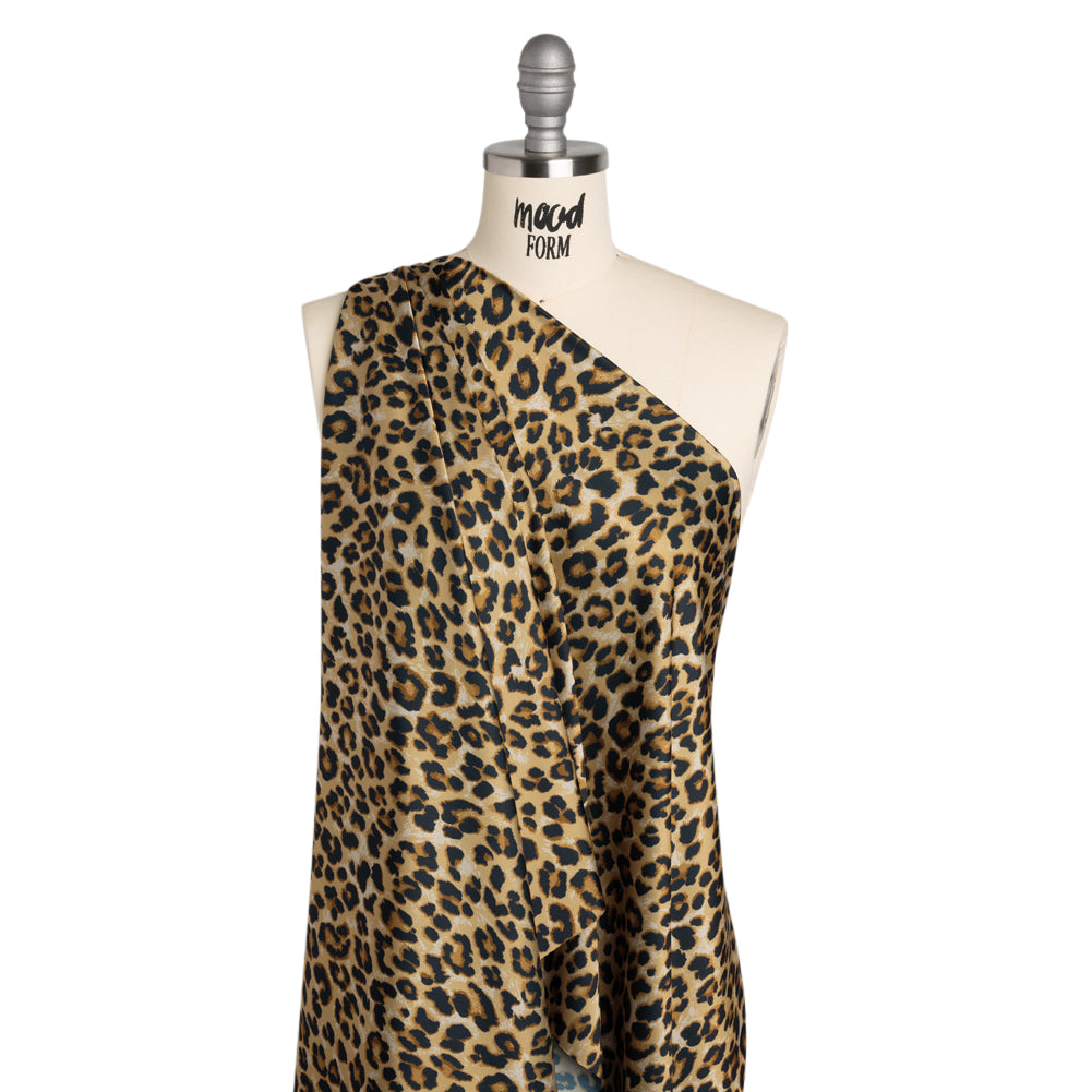 Soft Stretch Polyester Satin Print - Beige, Brown and Black Leopard Spots - Deadstock