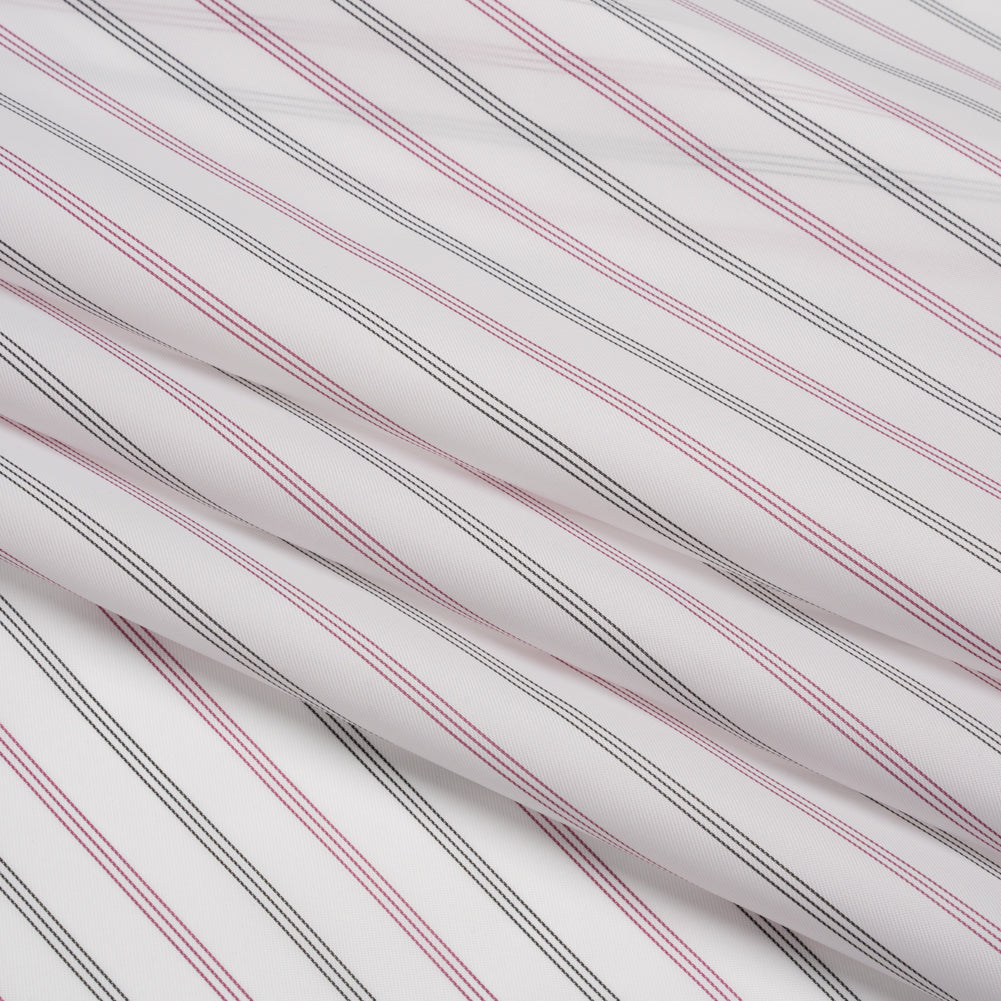 Polyester Twill Lining - White, Black and Cranberry Red Stripes - Deadstock - Folded