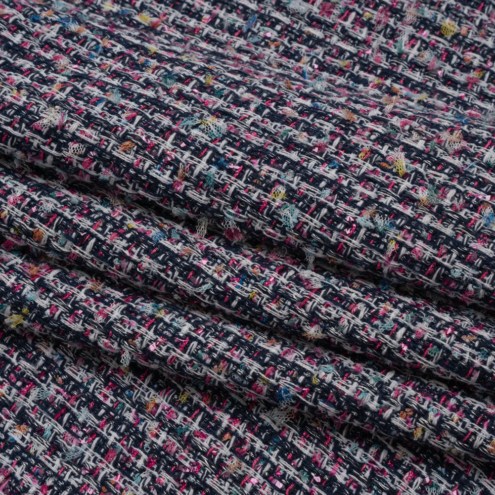 Wool Blend Novelty Tweed - Pink, Navy and White Stripes - Deadstock - Folded