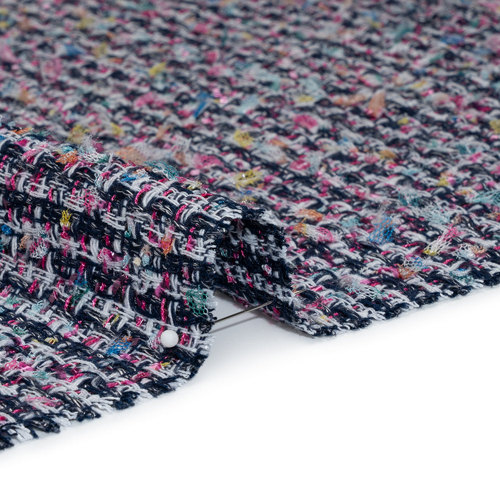Wool Blend Novelty Tweed - Pink, Navy and White Stripes - Deadstock - Detail