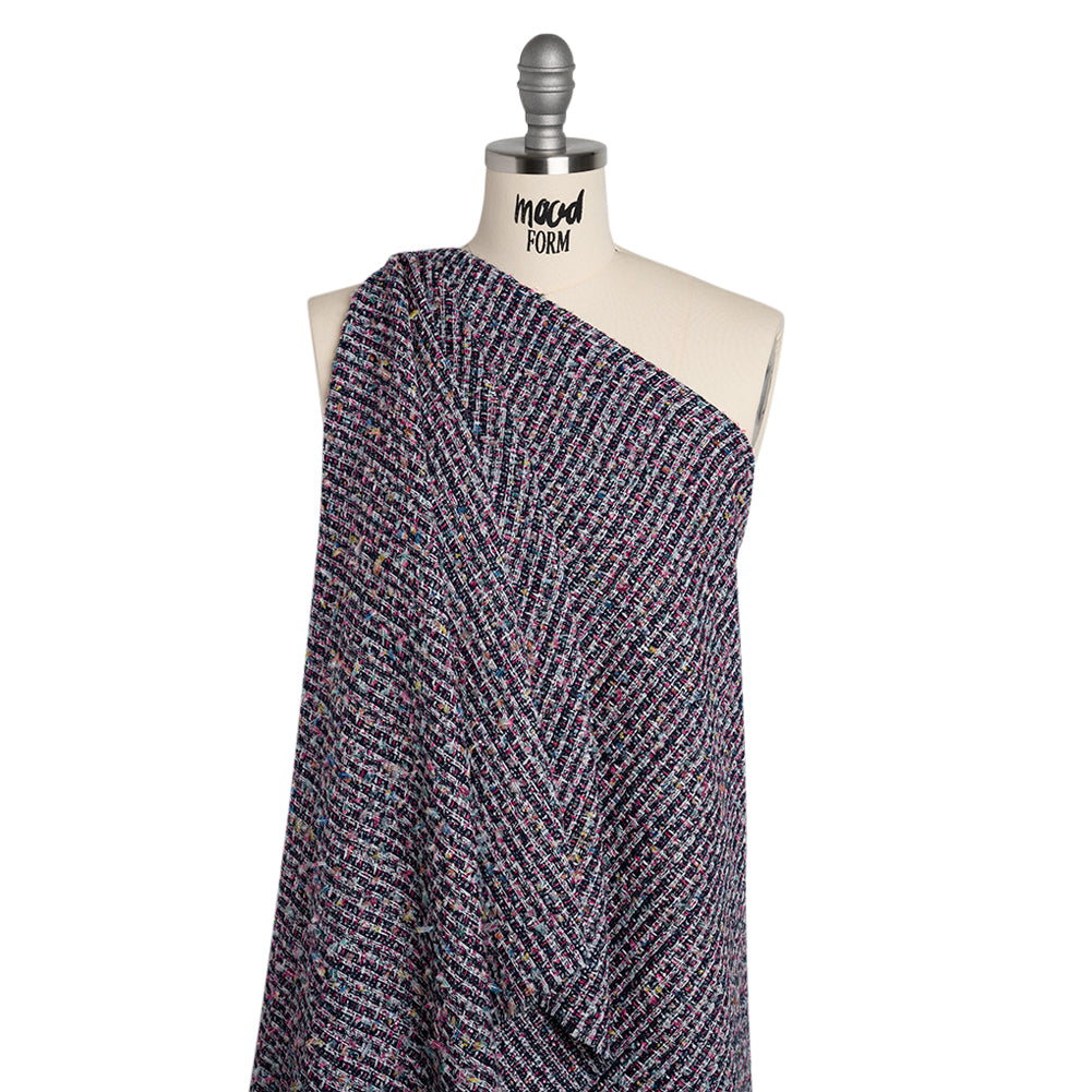 Wool Blend Novelty Tweed - Pink, Navy and White Stripes - Deadstock - Drape