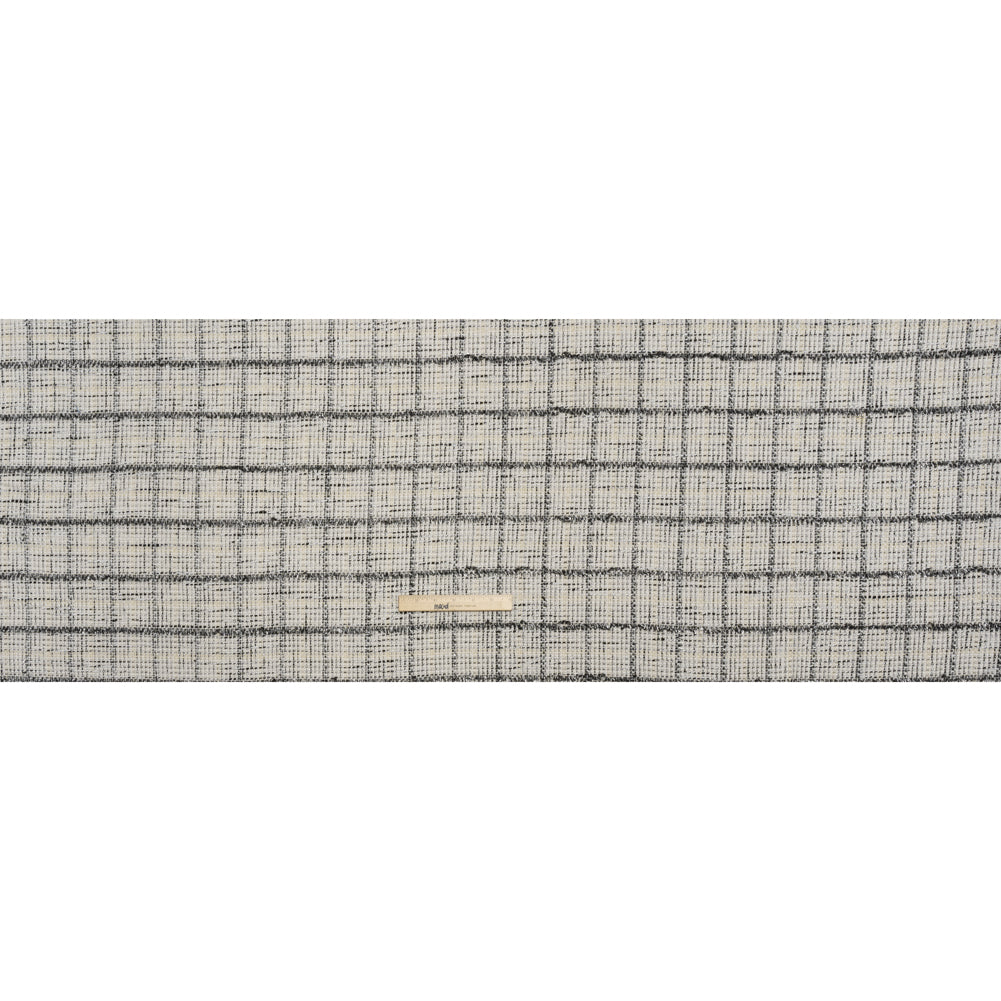 Metallic Polyester Tweed - White, Gold and Black Fringed Windowpane Check