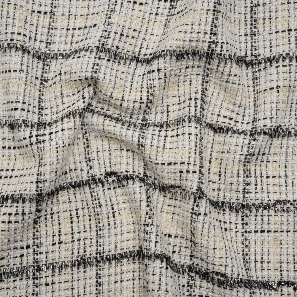 Metallic Polyester Tweed - White, Gold and Black Fringed Windowpane Check