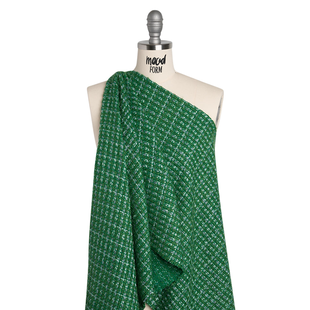 Polyester Novelty Tweed - Green and White Textured Plaid - Deadstock