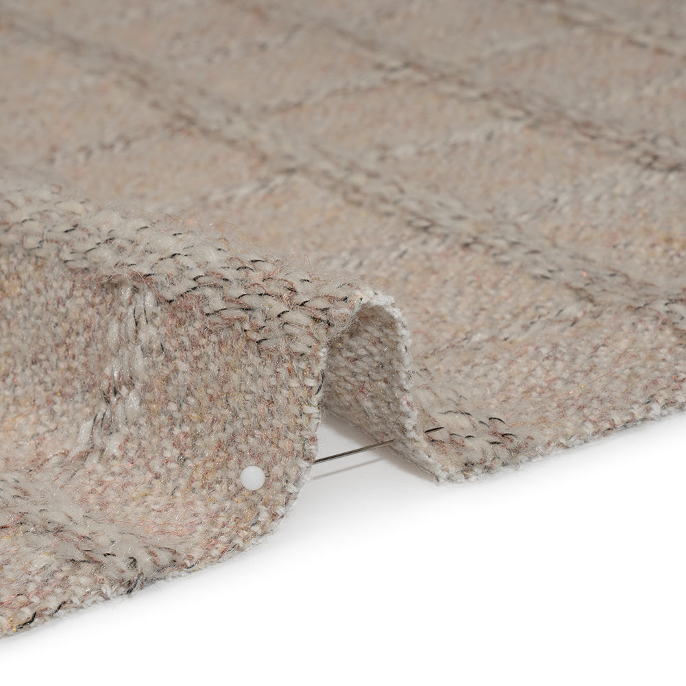 Wool Blend Boucle Tweed - Cream and Taupe Raised Windowpane Checks - Deadstock
