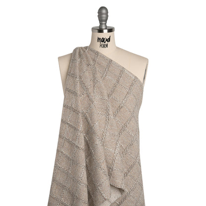 Wool Blend Boucle Tweed - Cream and Taupe Raised Windowpane Checks - Deadstock