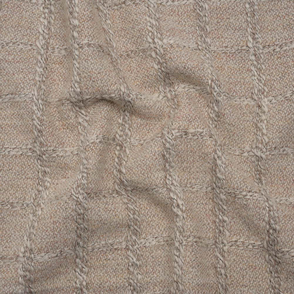 Wool Blend Boucle Tweed - Cream and Taupe Raised Windowpane Checks - Deadstock
