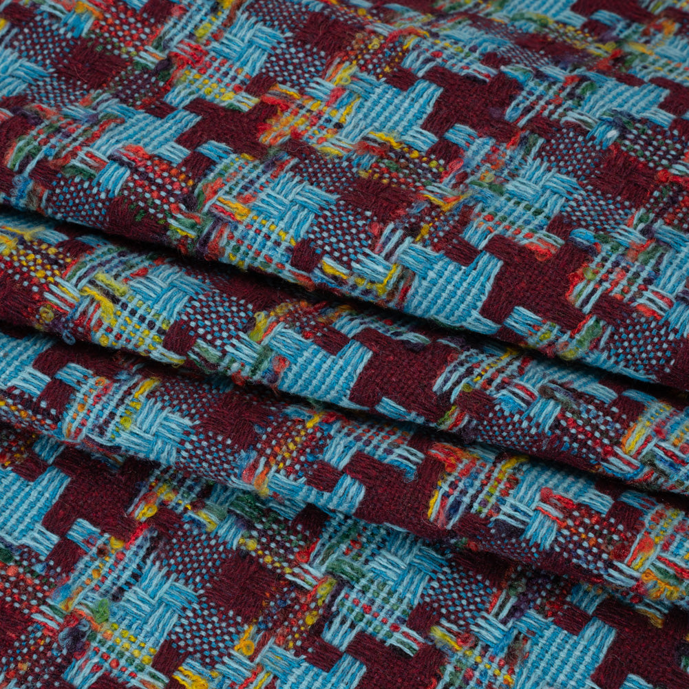 Wool Blend Tweedy Boucle Woven - Turquoise, Wine Red and Rainbow Blocky Houndstooth - Folded