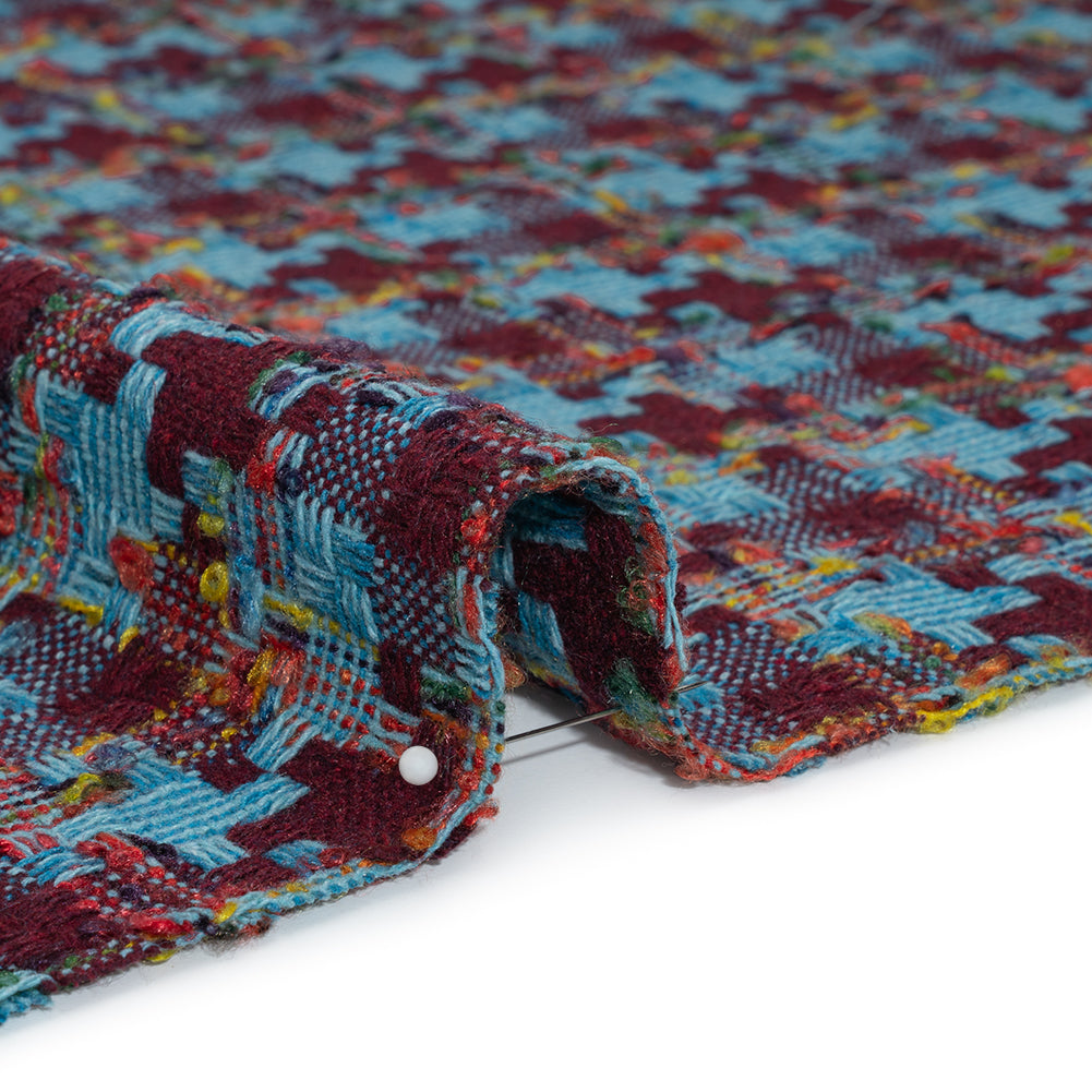 Wool Blend Tweedy Boucle Woven - Turquoise, Wine Red and Rainbow Blocky Houndstooth - Detail