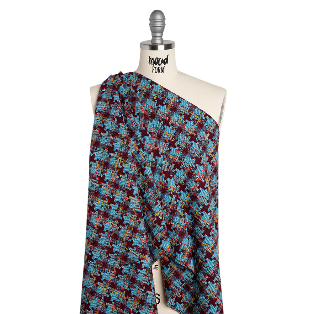 Wool Blend Tweedy Boucle Woven - Turquoise, Wine Red and Rainbow Blocky Houndstooth - Drape