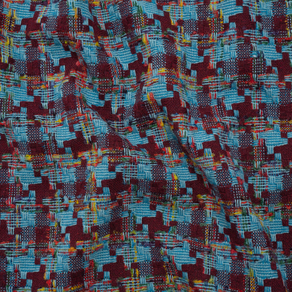 Wool Blend Tweedy Boucle Woven - Turquoise, Wine Red and Rainbow Blocky Houndstooth