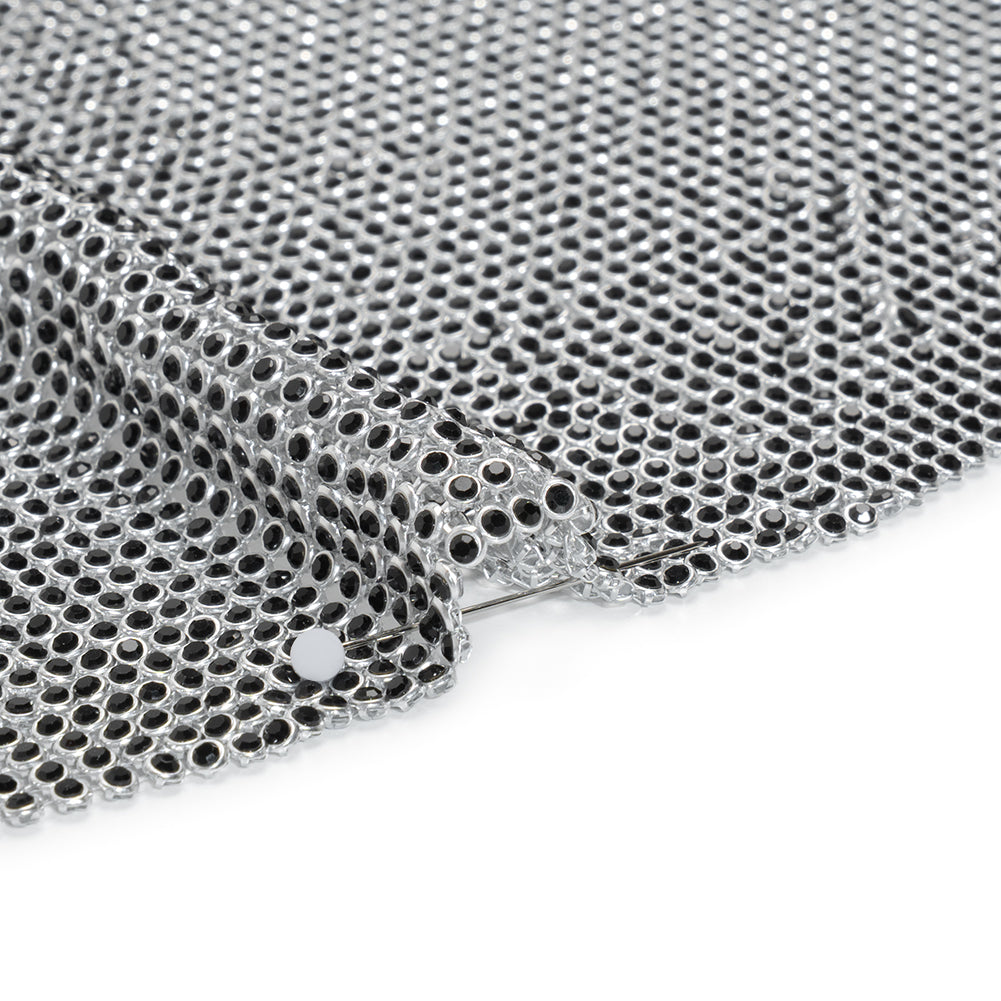 Rhinestone Aluminum Chainmail Fabric Panel, 3mm - Silver and Jet Black - Astraia Collection - Detail