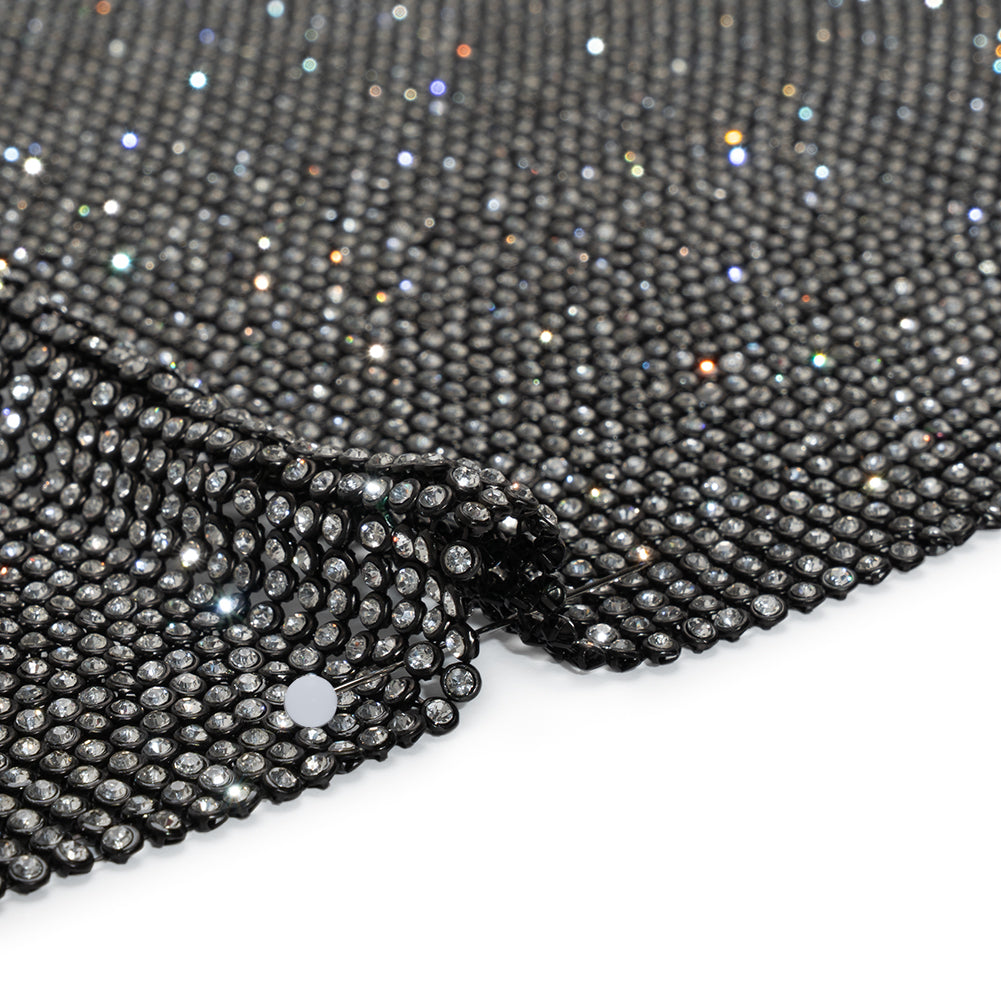Rhinestone Aluminum Chainmail Fabric Panel, 3mm - Black and Crystal - Astraia Collection - Detail