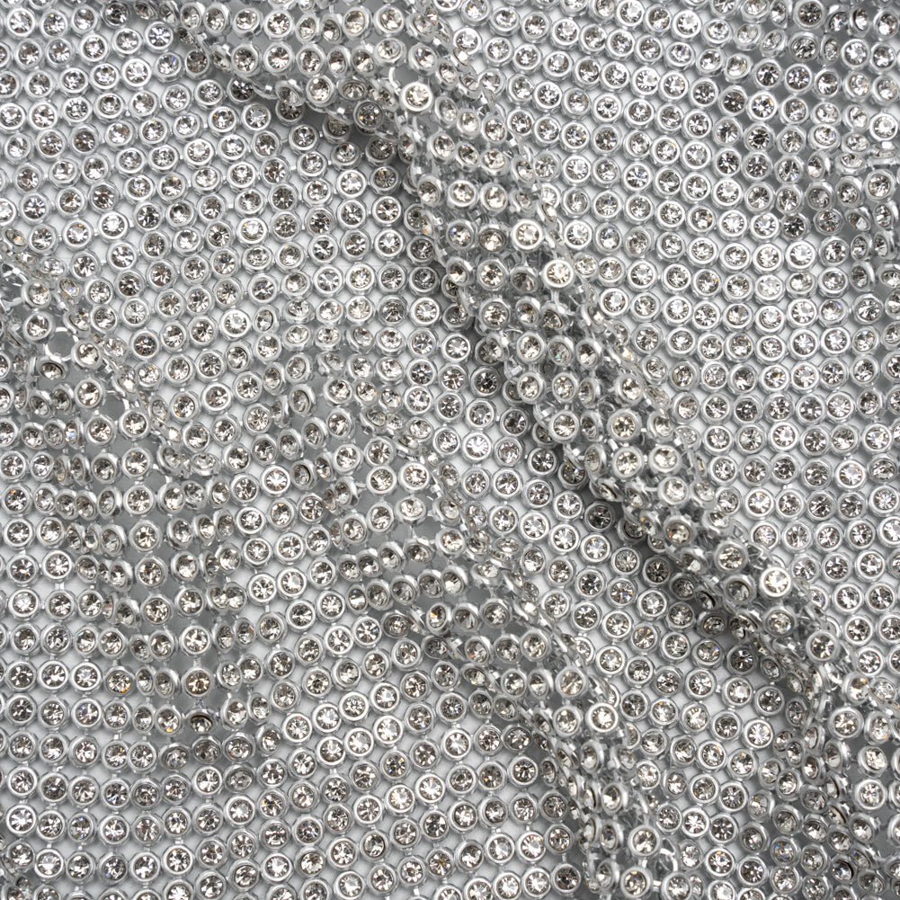 Rhinestone Aluminum Chainmail Fabric Panel, 4mm - Silver and Crystal - Astraia Collection