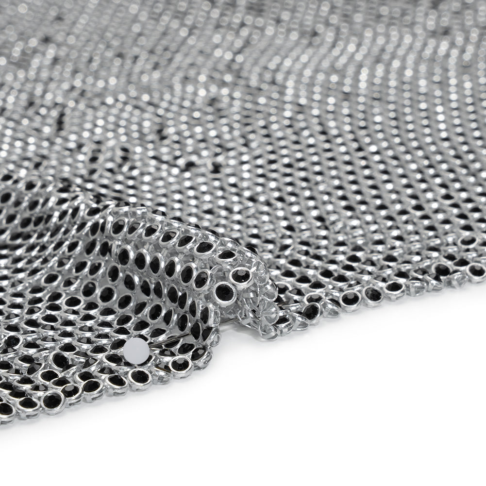 Rhinestone Aluminum Chainmail Fabric Panel, 4mm - Silver and Jet Black- Astraia Collection - Detail