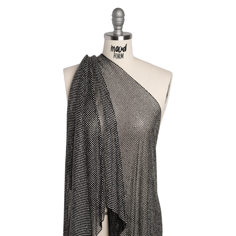 Rhinestone Aluminum Chainmail Fabric Panel, 4mm - Black and Crystal - Astraia Collection - Drape