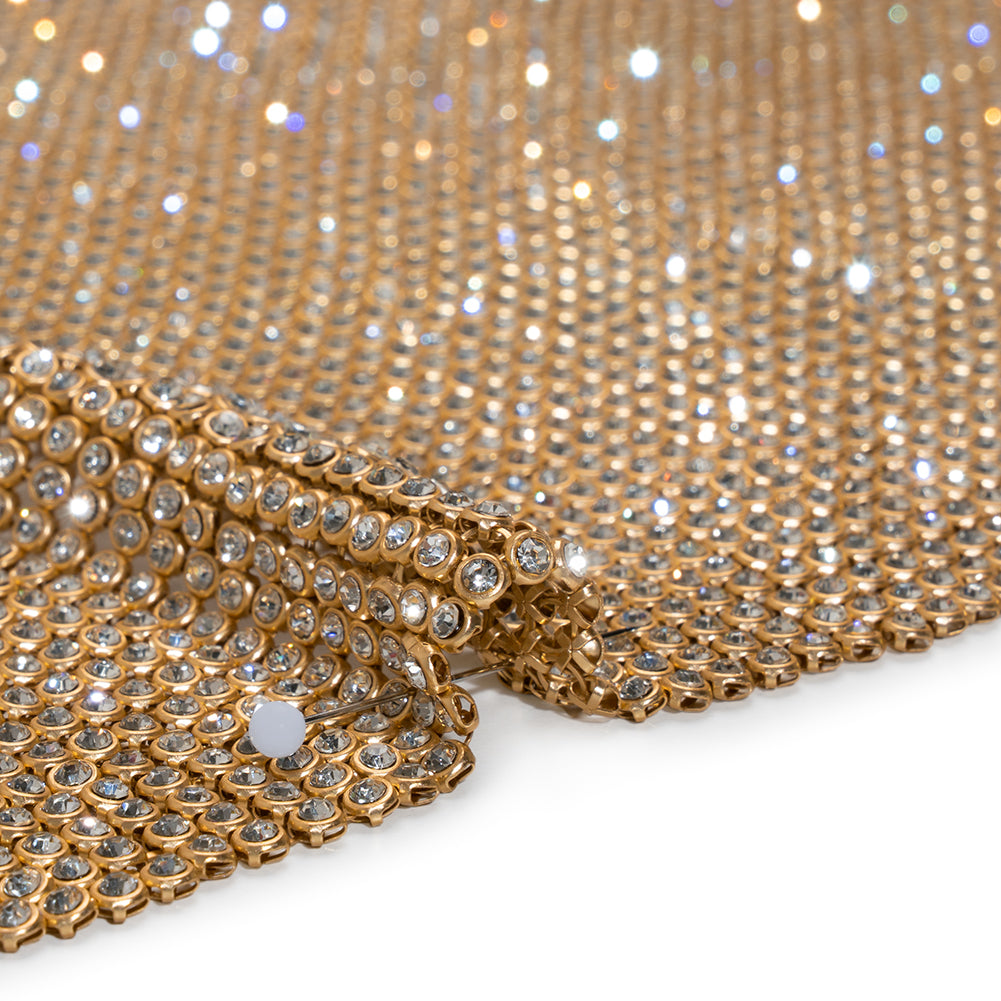 Rhinestone Aluminum Chainmail Fabric Panel, 4mm - Gold and Crystal - Astraia Collection - Detail