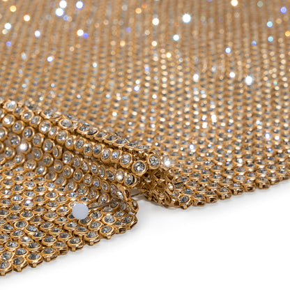 Rhinestone Aluminum Chainmail Fabric Panel, 4mm - Gold and Crystal - Astraia Collection