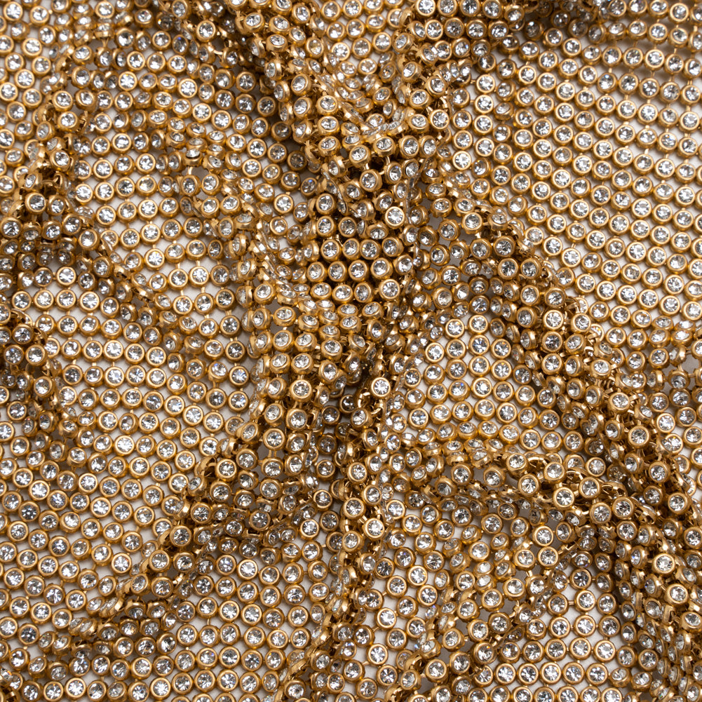 Rhinestone Aluminum Chainmail Fabric Panel, 4mm - Gold and Crystal - Astraia Collection