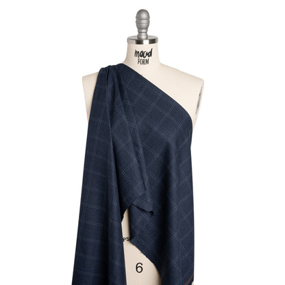 Super 120 Wool Suiting Made in Italy - Blue and White Windowpane Check - Deadstock
