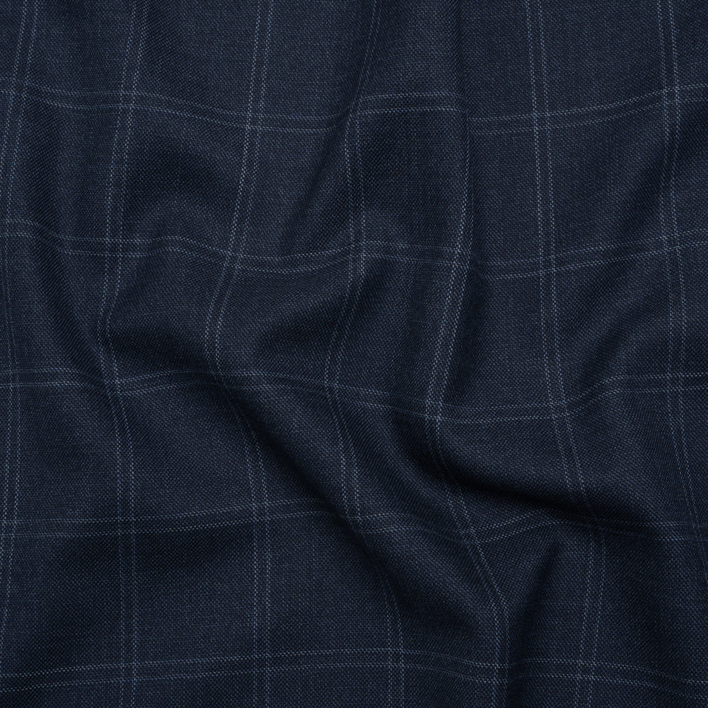 Super 120 Wool Suiting Made in Italy - Blue and White Windowpane Check - Deadstock