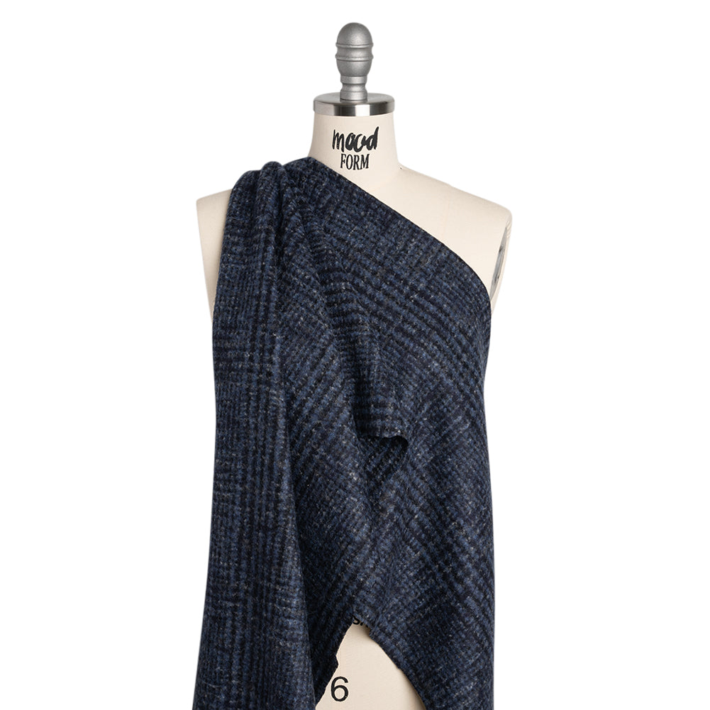 Alpaca and Wool Blend Felted Coating Made in Italy - Blue and Gray Tweedy Plaid - Deadstock