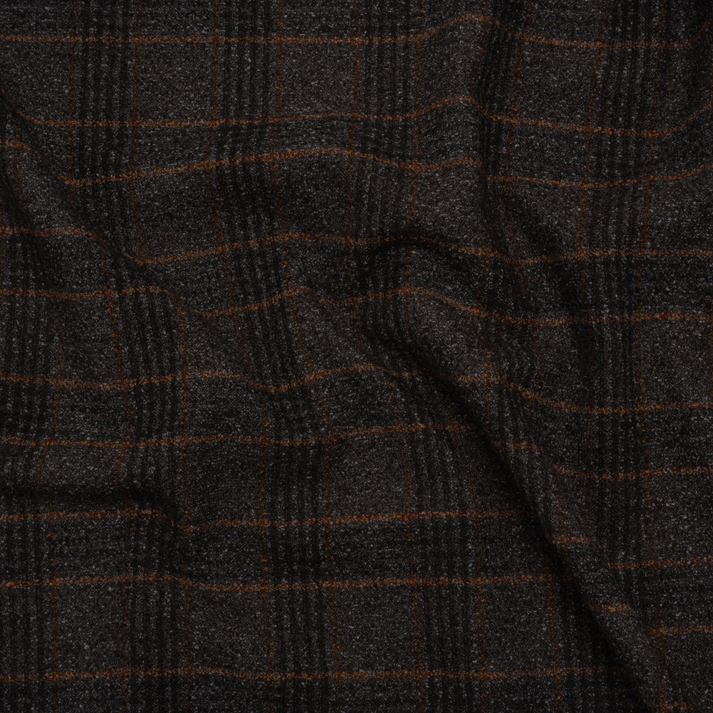 Wool and Silk Tweedy Lightweight Coating Made in Italy - Black, Gray and Burnt Orange Plaid - Deadstock