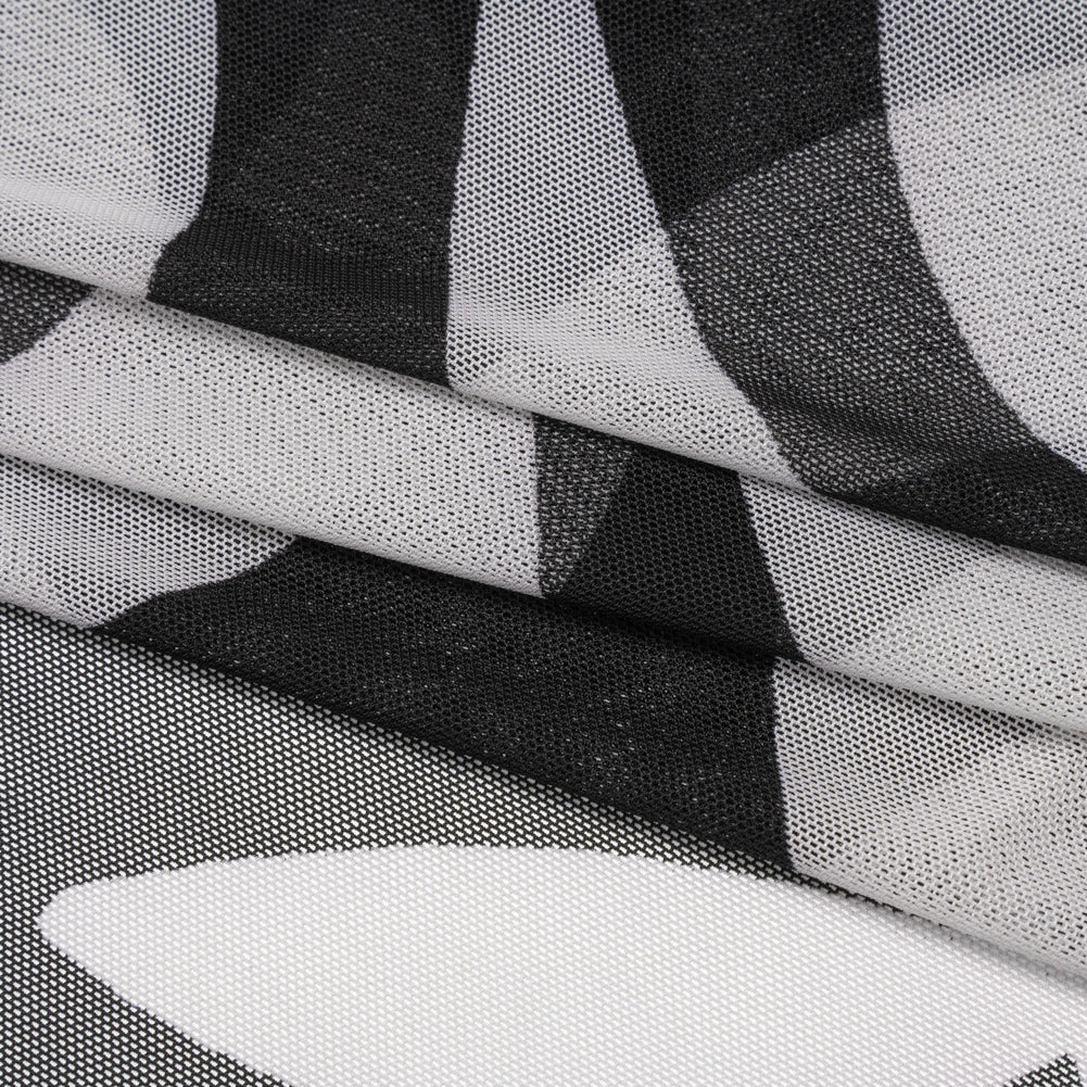 Stretch Polyester Mesh Print - Ivory and Black Abstract - Designer Deadstock Folded