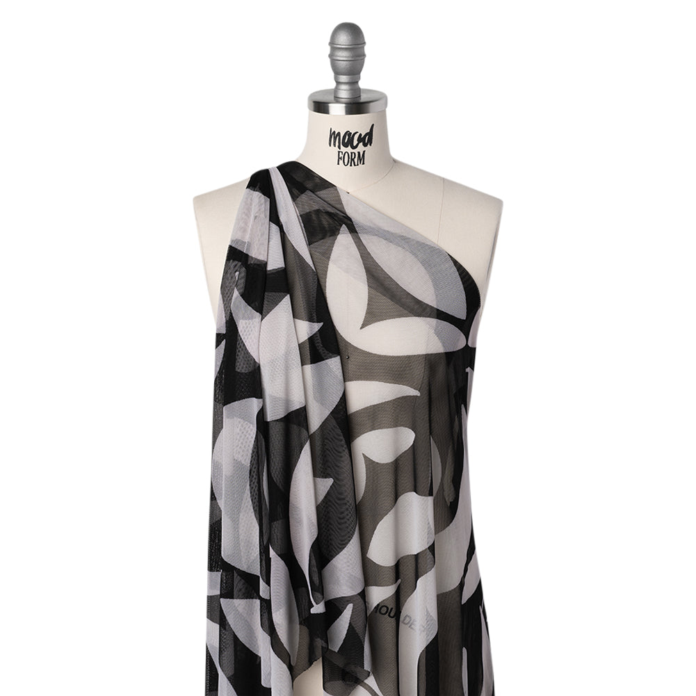 Stretch Polyester Mesh Print - Ivory and Black Abstract - Designer Deadstock Drape